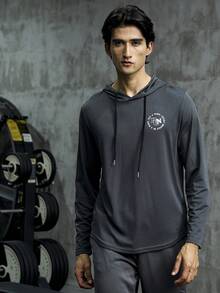 男士字母图案抽绳运动卫衣 - 深灰色 - 查看 4