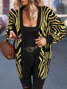 SHEIN LUNE 斑馬紋圖案燈籠袖開襟開衫 - 黃色 - 查看 6