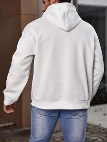 Manfinity Men Plus Letter Graphic Kangaroo Pocket Drawstring Hoodie - White - View 2