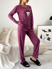 SHEIN Cottnline Embroidery Cartoon & Letter Pattern Lounge Set - Purple - View 5
