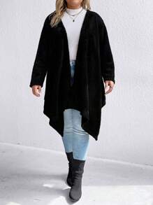 SHEIN LUNE 大碼不對稱下擺開門襟外套 - 黑色 - 查看 1