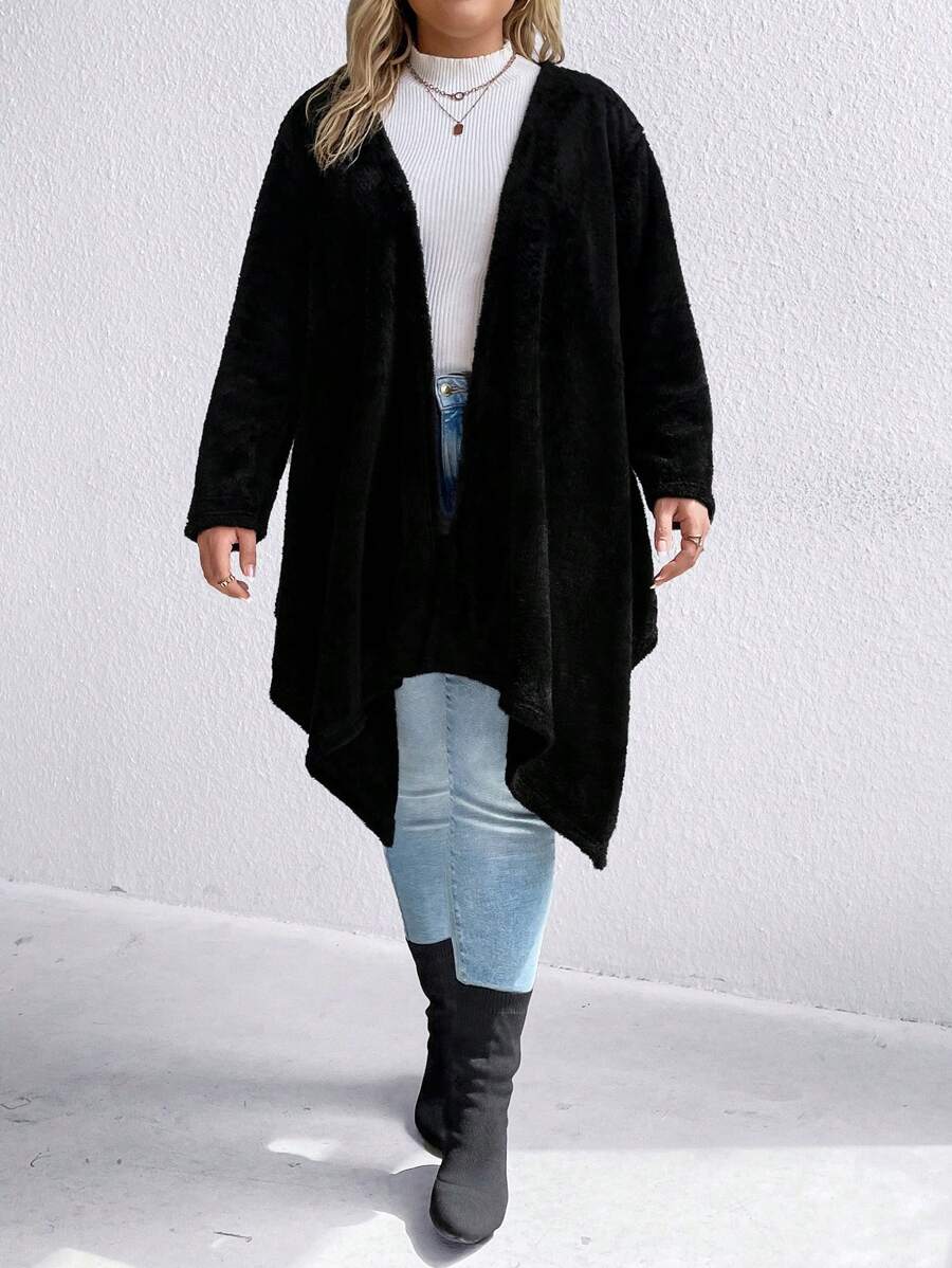 SHEIN LUNE 大碼不對稱下擺開門襟外套 - 黑色 - 查看 1