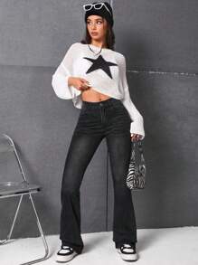 SHEIN EZwear Washed Flared Jeans - Black - View 4
