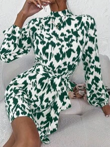 SHEIN Privé In Toàn bộ Cổ giả Váy có thắt lưng - màu xanh lá - Xem 1