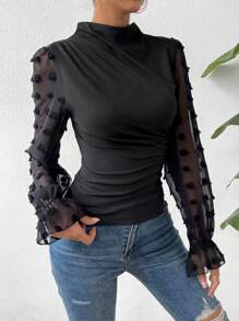 SHEIN Privé Swiss Dot Flounce Sleeve Mock Neck Ruched Side Top - Black - View 6