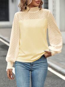 SHEIN Privé Chấm Swiss Yoke Tay áo lồng đèn Áo - Màu be - Xem 3