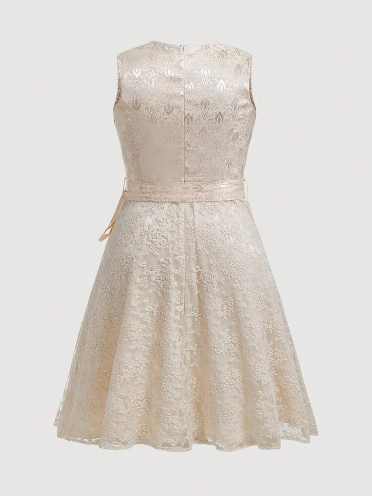 Plus Lace Up Front Zipper Back Belted Dress