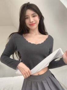 DAZY 純色扇貝邊保暖內衣上衣 - 灰色 - 查看 3