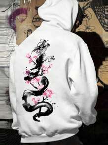 Manfinity EMRG Men's Fashion Dragon & Flower Pattern Hoodie With Thermal Lining - White - View 1