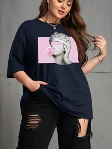 SHEIN EZwear Plus Sculpture Print Drop Shoulder Tee - Navy Blue - View 6