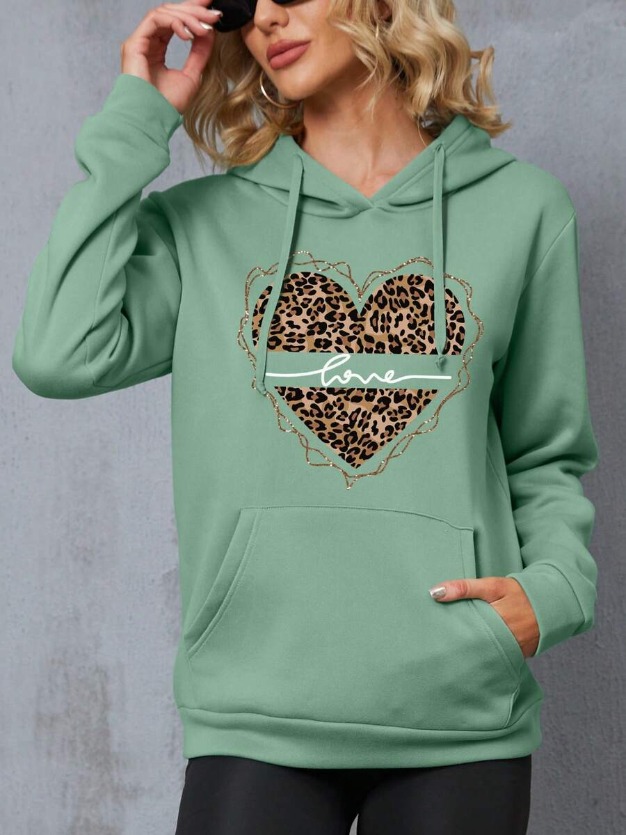 SHEIN Essnce Đồ họa Trái tim & Chữ cái Túi kangaroo Dây rút Hoodie - Màu xanh Bạc hà - Xem 1
