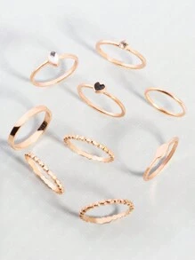 SHEIN Belle 9 cái Heart & Rhinestone Decor Ring - Vàng - Xem 1