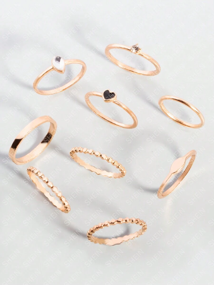 SHEIN Belle 9 cái Heart & Rhinestone Decor Ring - Vàng - Xem 1