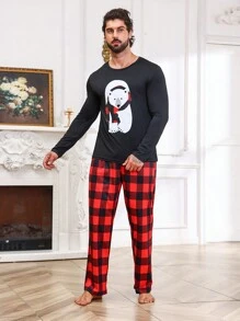 Men Bear Print Tee & Buffalo Plaid Pants Loungewear PJ Set / Pajama Set, Christmas - Black - View 6