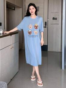 DAZY Bear & Slogan Graphic Drop Shoulder Lounge Dress Pajama