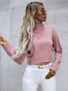 SHEIN LUNE High Neck Solid Sweater - Pink - View 4