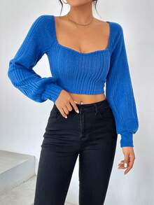 SHEIN Privé 雞心領口燈籠袖短款T恤 - 藍色 - 查看 4