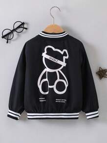 男小童熊和字母圖案條紋飾邊飛行員夾克 - 黑色 - 查看 1