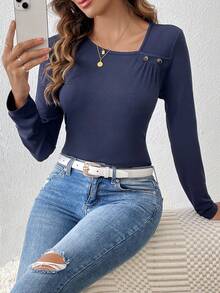 SHEIN LUNE Asymmetrical Collar Detail Ruched Button T-Shirt - Navy Blue - View 6