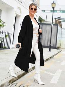 SHEIN LUNE Plus Solid Dual Pocket Longline Cardigan - Black - View 3