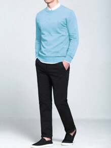 Manfinity Homme Men Solid Round Neck Sweater Without Shirt - Baby Blue - View 3