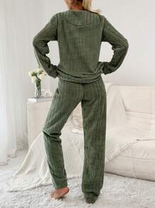 SHEIN Cottnline Bear Embroidery Flannel PJ Set - Green - View 2