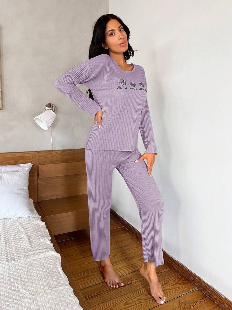 EURMUSE Letter Printed Ribbed Knit Lounge Wear Set - Purple - View 3