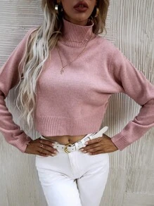 SHEIN LUNE High Neck Solid Sweater - Pink - View 3