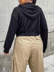 Flirla 加大码拉链落肩抽绳卫衣 - 黑色 - 查看 2