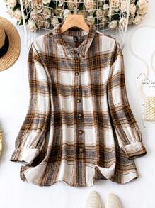 SHEIN LUNE Plus Plaid Print Button Front Coat - Coffee Brown - View 1