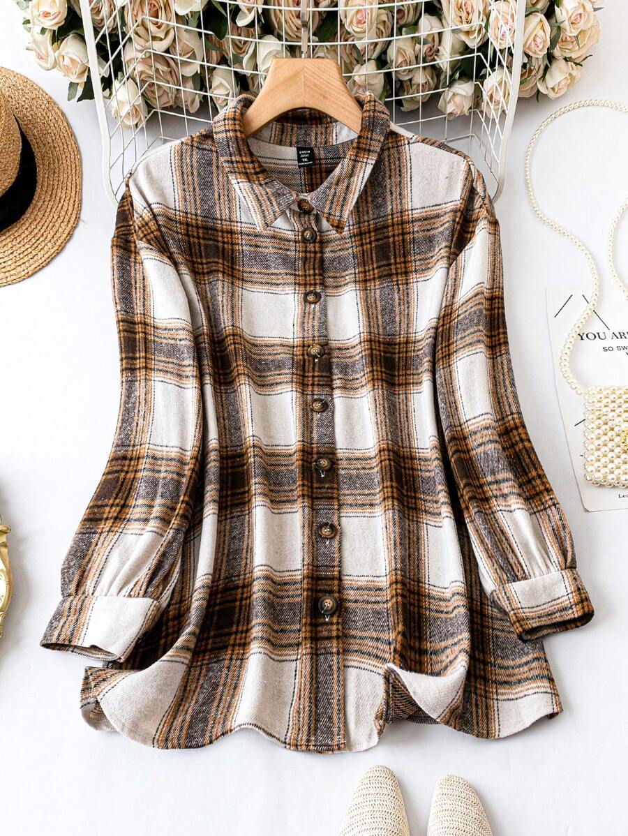 SHEIN LUNE Plus Plaid Print Button Front Coat - Coffee Brown - View 1