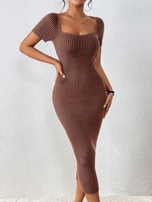 SHEIN Privé Vestido de punto escote corazón tejido de canalé - Color caoba - Ver 4