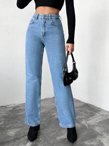 Cottnline High Waist Straight Leg Jeans - Blue - View 1