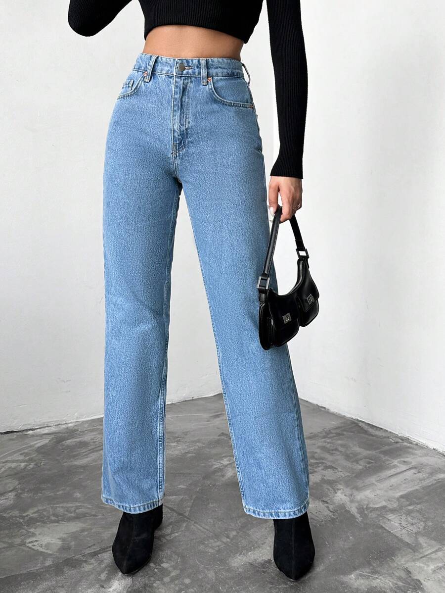 Cottnline High Waist Straight Leg Jeans - Blue - View 1