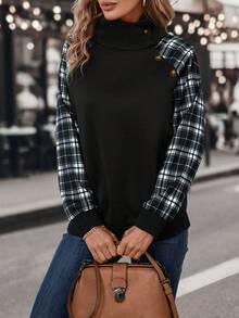 SHEIN LUNE Plaid Print Raglan Sleeve Button Detail Sweatshirt - Black - View 6