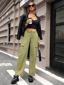 SHEIN EZwear Ladies' Flap Pocket Cargo Jeans - Army Green - View 5