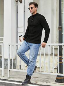 Manfinity Homme Hombres Jersey tejido de cable botón cuarto - Negro - Ver 5