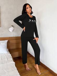 EURMUSE Floral And Slogan Graphic Ribbed Knit Tee & Pants Lounge Set - Black - View 3