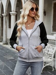 SHEIN Unity Colorblock Raglan Sleeve Zip Up Hooded Jacket - Light Grey - View 4