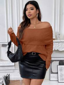 SHEIN Franclia Hơn Gấp lại Off Shoulder Đồ đan Ribbed Áo len - Rỉ Nâu - Xem 4