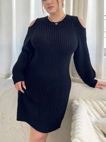 Flirla 大碼挖肩條紋針織毛衣洋裝