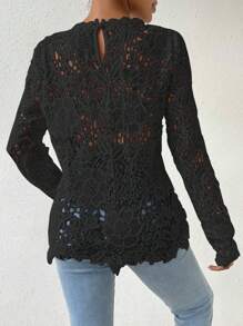 Chiquease 素色薄透提花蕾絲襯衫不附胸罩 - 黑色 - 查看 2