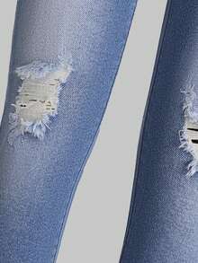 女小童毛邊破洞牛仔褲 - 深色水洗藍 - 查看 5