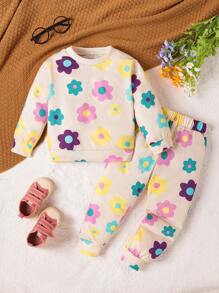 SHEIN Cô Gái Trẻ In hoa Áo len & Quần nỉ - Màu be - Xem 1