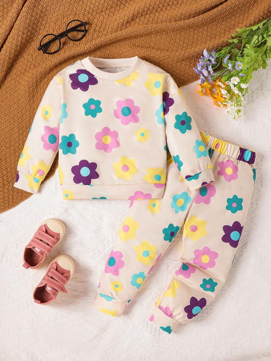 SHEIN Cô Gái Trẻ In hoa Áo len & Quần nỉ - Màu be - Xem 1