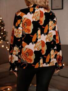 SHEIN LUNE Talla grande Blusa con estampado floral de manga con volante de cuello alto - Multicolor - Ver 2