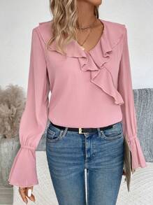 SHEIN Privé 荷葉邊荷葉袖襯衫 - 粉色 - 查看 4