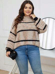 SHEIN LUNE Plus Striped Pattern Mock Neck Drop Shoulder Sweater - Khaki - View 5