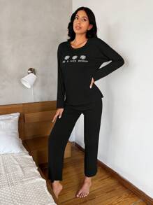 EURMUSE Floral And Slogan Graphic Ribbed Knit Tee & Pants Lounge Set - Black - View 4