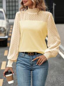 SHEIN Privé Chấm Swiss Yoke Tay áo lồng đèn Áo - Màu be - Xem 6